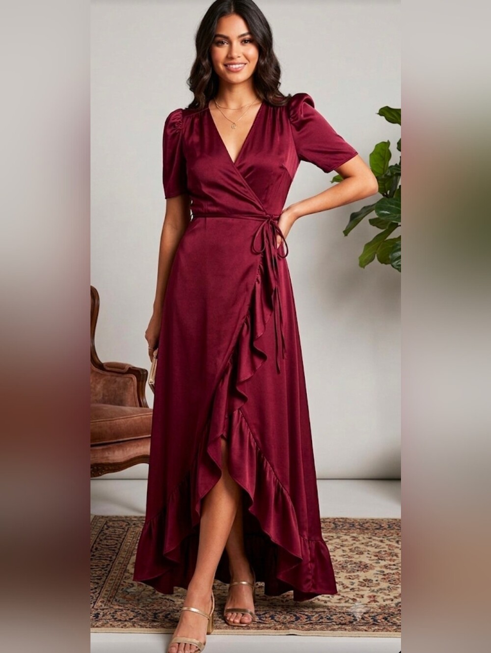 SUGAR+LIPS Women Maxi Dtess Size Small Burgundy Satin High-Low Wrap Dress